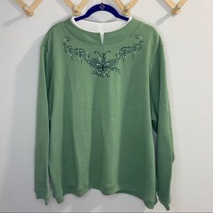 BLAIR Butterfly Grapevine Embroidered Pullover White Collar Split Sage Green 2XL